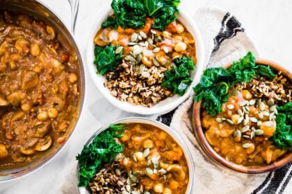 Vegan Gluten-Free Pumpkin Chili With Wild Rice with garnish