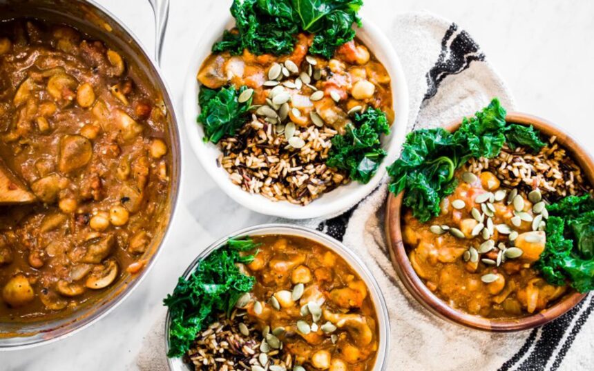 Vegan Gluten-Free Pumpkin Chili With Wild Rice with garnish