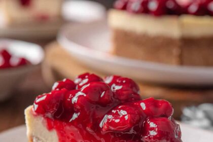 A spoonful of cherry pie filling next to a slice of cherry cheesecake on a plate.