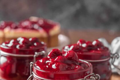 Three open jars of cherry pie filling on a round wooden tray, next to a spoonful of pie filling.