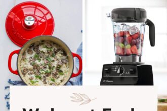 Collage of four photos: a lodge enamel pot, a Vitamix blender, a set of pots and pans, and a Ninja air fryer.