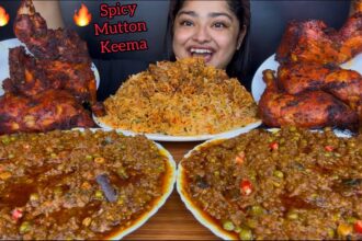 SPICY OILY MUTTON KEEMA WITH CHICKEN BIRYANI AND SPICY TANDOORI CHICKEN TANGDI, RAITA | ASMR MUKBANG