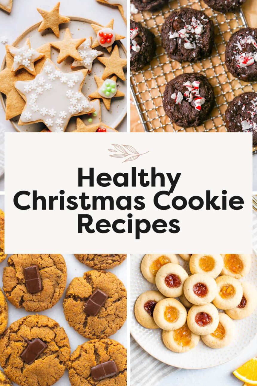 Collage of four different cookies: sugar cookies, peppermint chocolate cookies, peanut butter blossoms and thumbprint cookies.