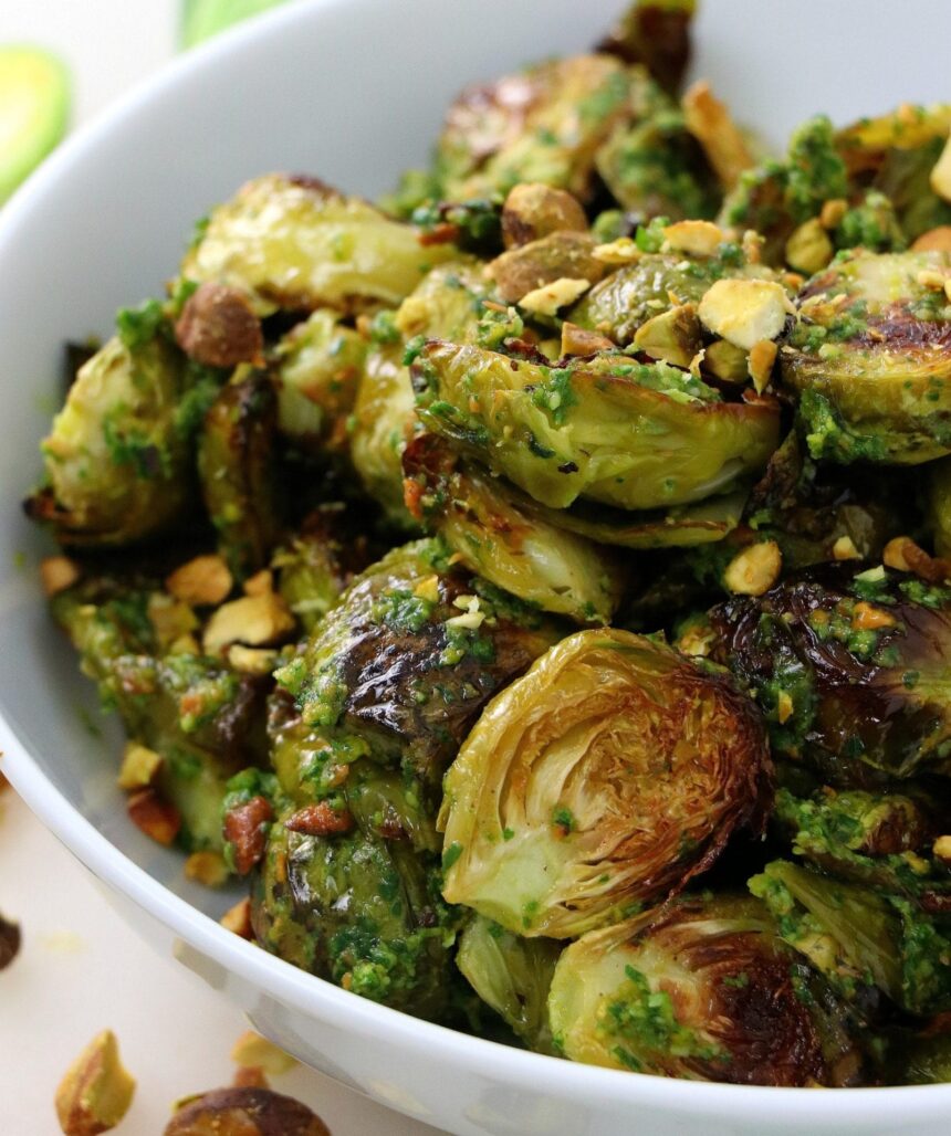 Roasted Italian Brussels with Arugula Pistachio Pesto [Vegan] – One Green Planet