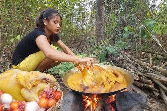 Chicken curry spicy delicious with egg for dinner - Survival Cooking in jungle