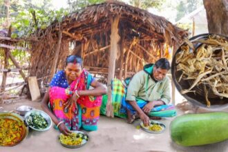 DRY FISH with bottle gourd and MULO SHAK VAJI cooking and eating by santali tribe old couple