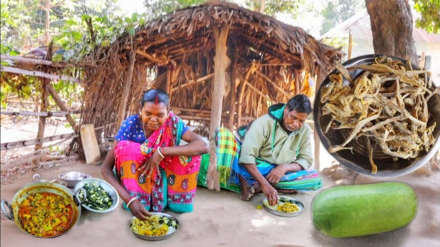 DRY FISH with bottle gourd and MULO SHAK VAJI cooking and eating by santali tribe old couple