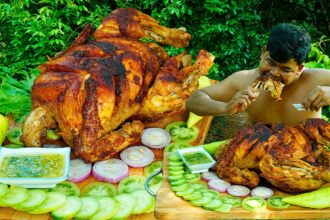 Roasted Chicken Masala Recipe In Pan | Roasted Chicken Eating With Hot Sauce In Forest.