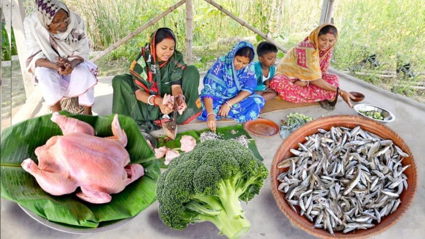 বাগানের ব্রোকলি দিয়ে চিকেনকারি রান্না সাথে হাতে মাখা ছোট মাছের ভর্তা || chicken curry