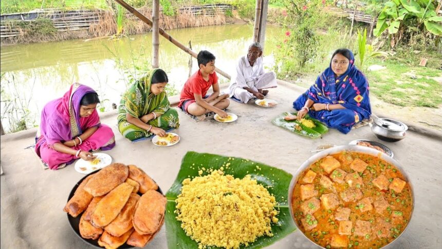 বেগুনি, বাসন্তী পোলাও সাথে মটর পনির রান্না আর দুপুরে জমিয়ে সবাইমিলে খাওয়া দাওয়া || polao Recipe