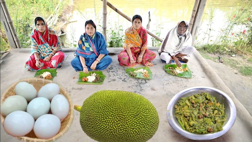 হাঁসের ডিম দিয়ে এঁচোর রান্না সাথে পাঁচমিসেলি সবজি দিয়ে পালংডাটা রেসিপি || duck egg curry