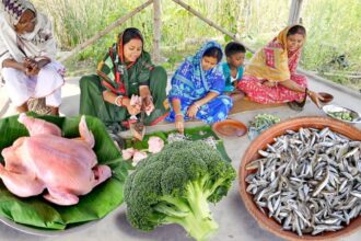 বাগানের ব্রোকলি দিয়ে চিকেনকারি রান্না সাথে হাতে মাখা ছোট মাছের ভর্তা || chicken curry