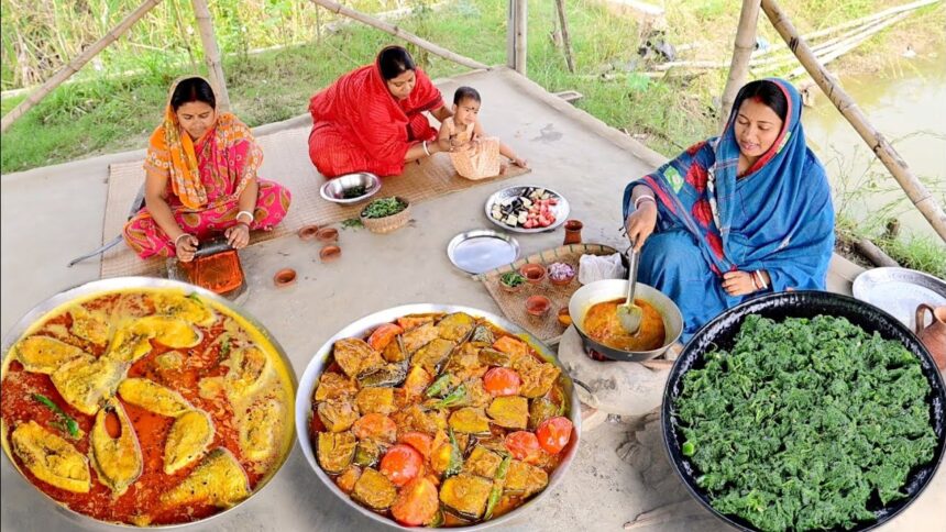 গ্রামের মাটির চুলায় ইলিশ মাছের তেলঝাল রান্না সাথে টমেটো বেগুন আর কুলেখাঁড়া শাকের ভর্তা| fish curry