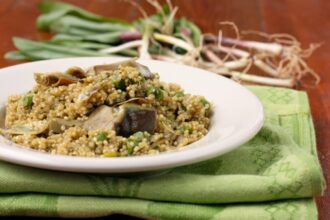 Quinao Pilaf with Ramps, Artichokes, and Peas