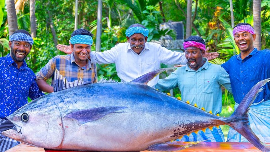 200 Pounds BIG TUNA FISH | Tuna Fish Cutting and Cooking in Village | Tuna Fish Steak Recipe