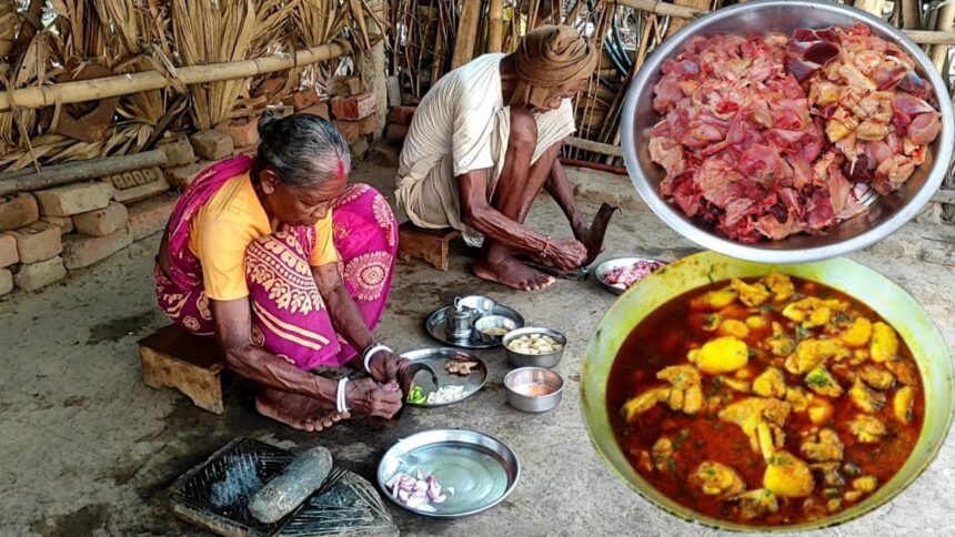 CHICKEN MEAT CURRY recipe cooking &eating by rural grandma and grandpa||