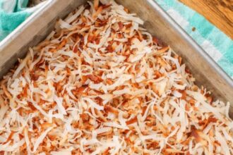 toasted coconut in pan over light blue napkin