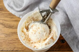 close up of coconut ice cream with wooden scoop