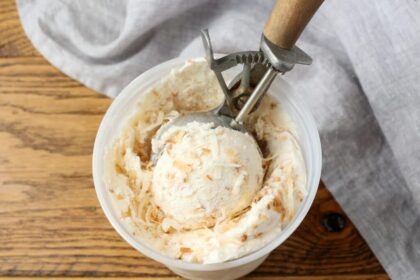 close up of coconut ice cream with wooden scoop