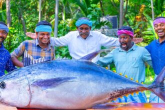 200 Pounds BIG TUNA FISH | Tuna Fish Cutting and Cooking in Village | Tuna Fish Steak Recipe