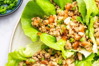 Ground chicken lettuce wraps served on a plate with a peanut sauce drizzle and fresh green onions.