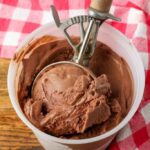 close up horizontal photo of old fashioned ice cream scoop in container of chocolate ice cream