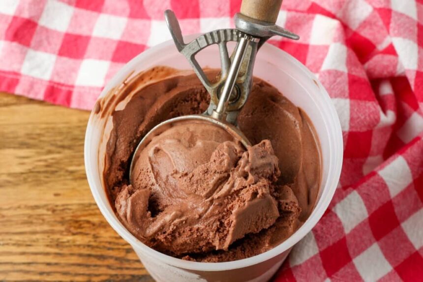 close up horizontal photo of old fashioned ice cream scoop in container of chocolate ice cream
