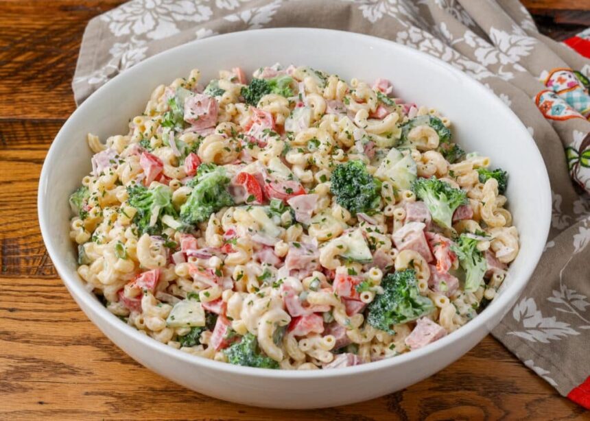 ham pasta salad in a bowl
