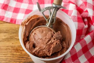 close up horizontal photo of old fashioned ice cream scoop in container of chocolate ice cream