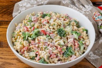 ham pasta salad in a bowl