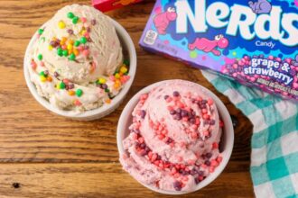 Nerds candy ice cream scooped into bowls