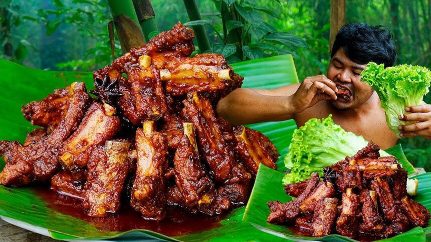 Pork Ribs Honey Recipe | Fried Braise Pork Ribs Honey Cooking In Forest