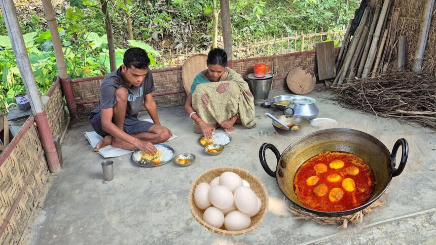 Anda Curry । Traditional Village Style Eggs Masala Recipe Cooking & Eating By Mother and Son