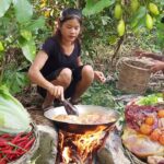 Chicken curry and Egg salad for dinner, Small green mango for snack - Survival cooking in jungle