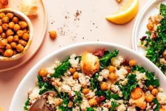 Overhead photo of a bowl of our Lemony Quinoa Kale Salad with Crispy Chickpeas recipe