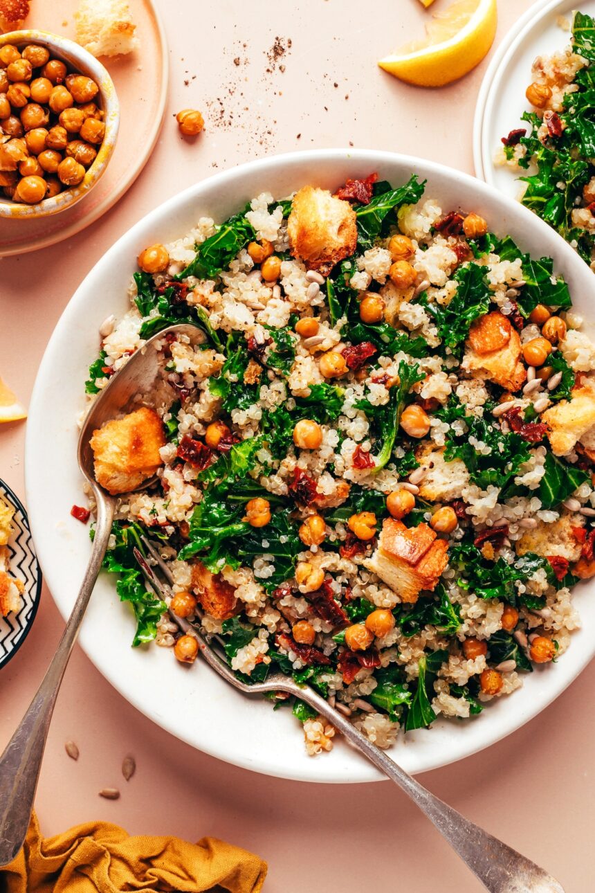 Overhead photo of a bowl of our Lemony Quinoa Kale Salad with Crispy Chickpeas recipe