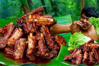 Pork Ribs Honey Recipe | Fried Braise Pork Ribs Honey Cooking In Forest
