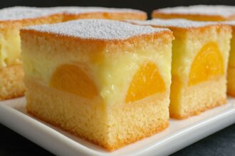 Easy Peach Cake Recipe! with Homemade Custard - Peach dessert recipe