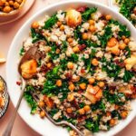 Overhead photo of a bowl of our Lemony Quinoa Kale Salad with Crispy Chickpeas recipe