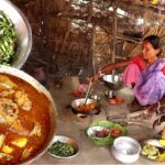 rohu fish curry with vegetables & water spinach fry cooking by our santali tribe women||rural India