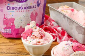 circus animal cookies in ice cream with bag in the background