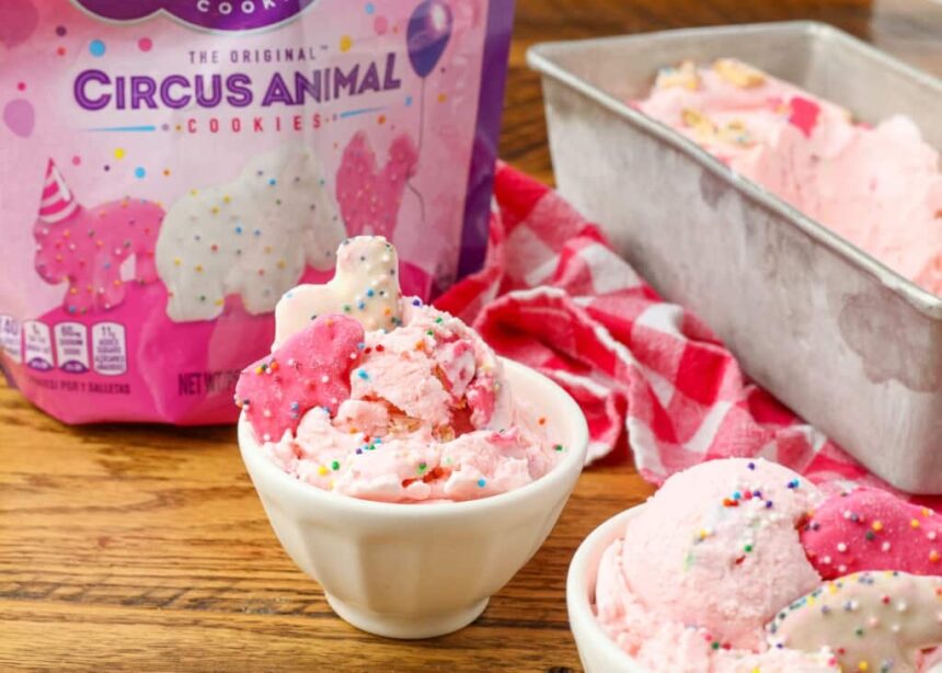 circus animal cookies in ice cream with bag in the background