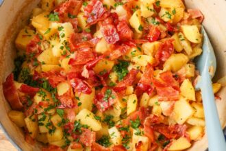 pot on stove with bacon and potatoes