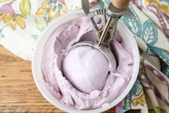 grape ice cream in bowl with wooden scoop