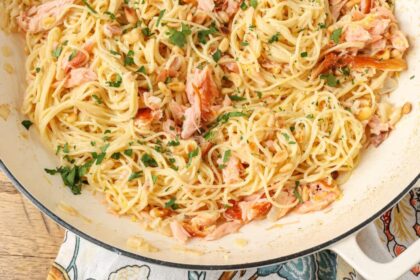 close up photo of pasta in enamel pot