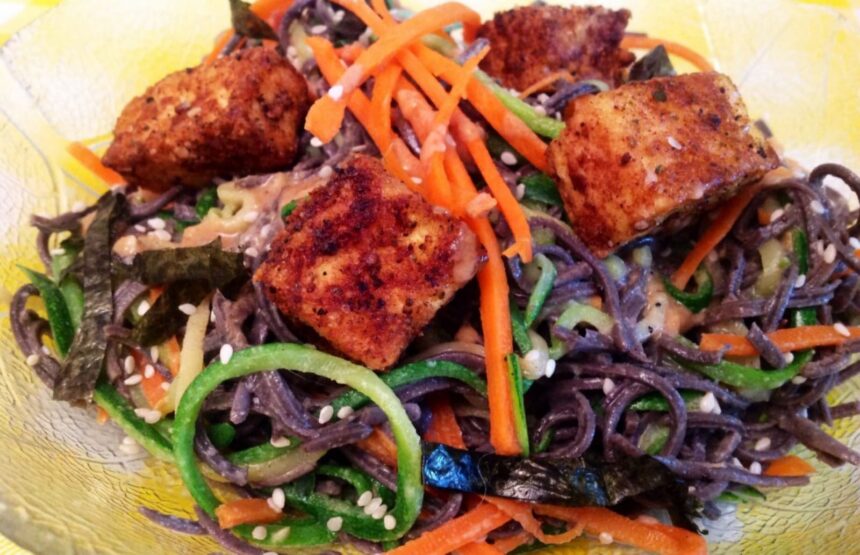 Pan-Fried Tofu With Zucchini, Carrot, and Black Bean Sesame Noodles [Vegan] – One Green Planet