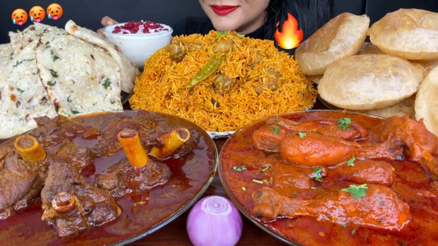 ASMR EATING PURI,MUTTON CURRY,CHICKEN BIRYANI,BUTTER NAAN BUTTER CHICKEN *SPICY FOOD
