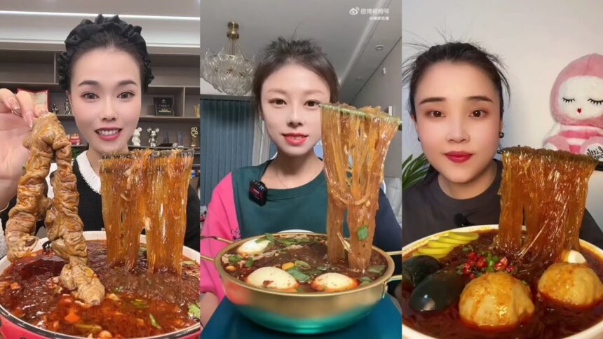 ASMR Chinese Food Eating Glass Noodles + EGGS + boiled With Sauce Mukbang 🌶️ 중국 먹방면