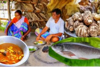 rohu fish curry recipe and taro root | Indian  fish cooking video by santali tribe couple #rohufish