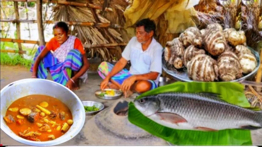 rohu fish curry recipe and taro root | Indian  fish cooking video by santali tribe couple #rohufish